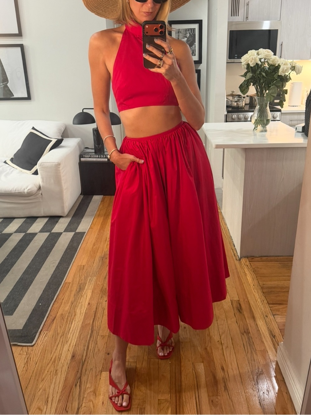 Women’s Red Halter Crop Top & Midi Skirt Set